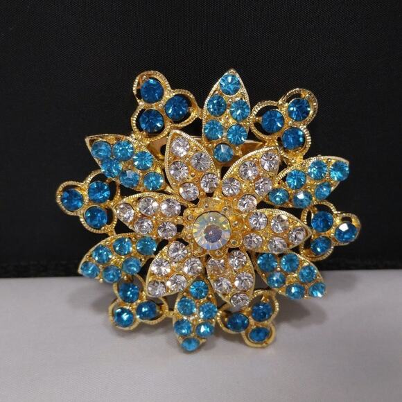 Gold Tone Flower Brooch Pendant Blue Clear Rhinestones Aurora Borealis Center - Picture 3 of 8